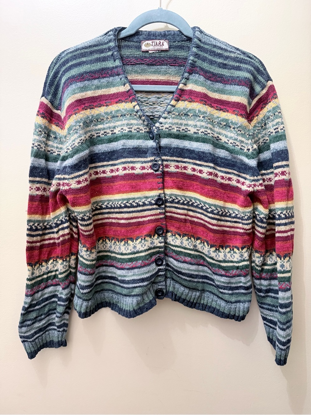 Vintage Tiara Striped Fair Isle Cardigan Knit Sweater Colorful Whimsical L